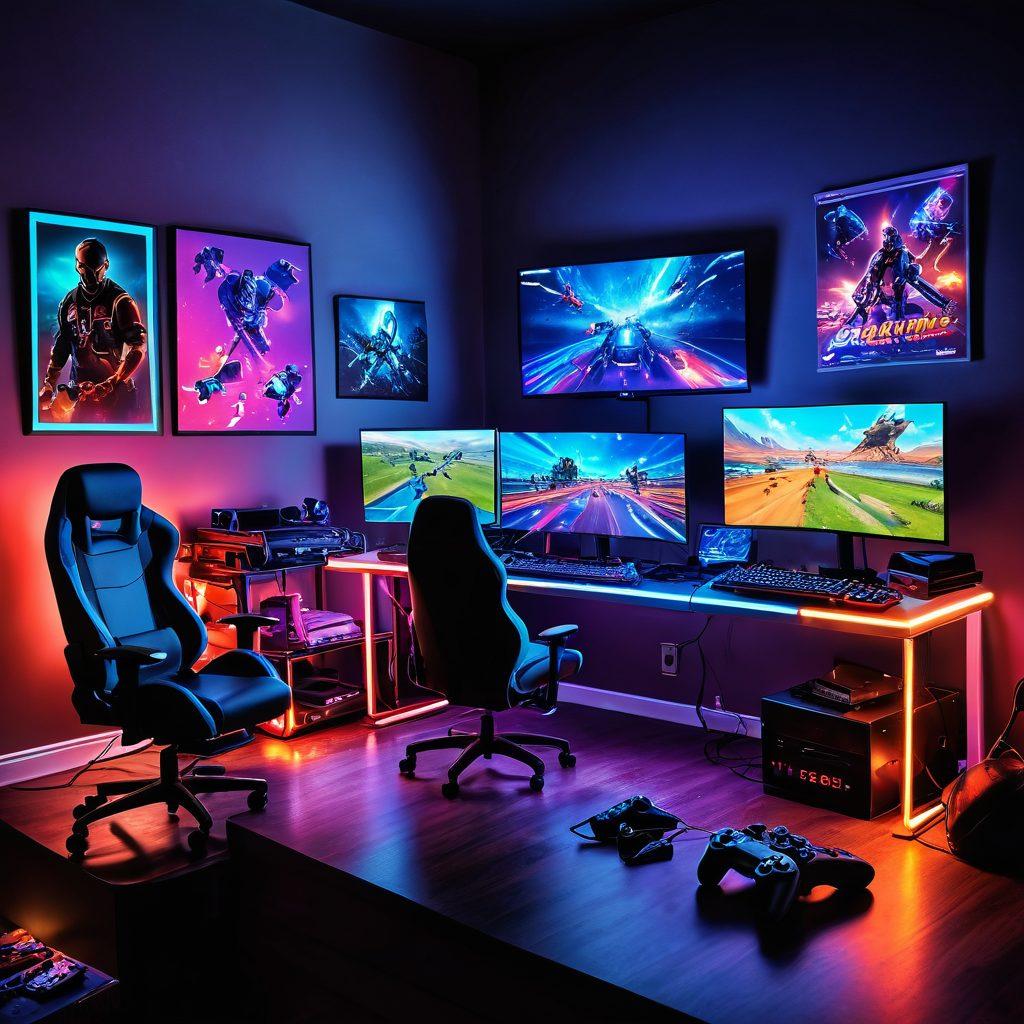 A vibrant gaming setup featuring a variety of colorful game controllers and high-tech modifications scattered around a cheerful gamer in action. The background includes glowing LED lights, posters of popular games, and a computer screen displaying a lively game scene. The atmosphere feels energetic and exciting, inviting the viewer into the world of enthusiastic gaming. super-realistic. vibrant colors. dynamic lighting.