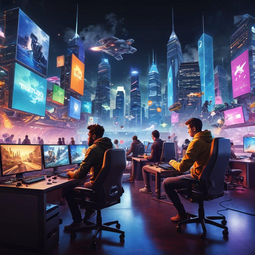 A vibrant digital collage showcasing a diverse group of gamers actively modding various video games on their computers, surrounded by floating icons of game assets and mods. In the background, a futuristic city skyline signifies innovation and creativity, with colorful gaming consoles and controllers scattered around. The atmosphere is lively, reflecting enthusiasm and camaraderie in the modding community. super-realistic. vibrant colors. dynamic composition.